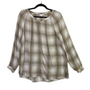 J. Jill Tan Cream Plaid Button Up Top Size Medium